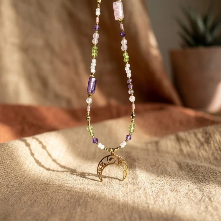 Naszyjnik z księżycem boho, biżuteria z kamieni naturalnych, ametyst, kwarc różowy, unikatowy prezent dla niej