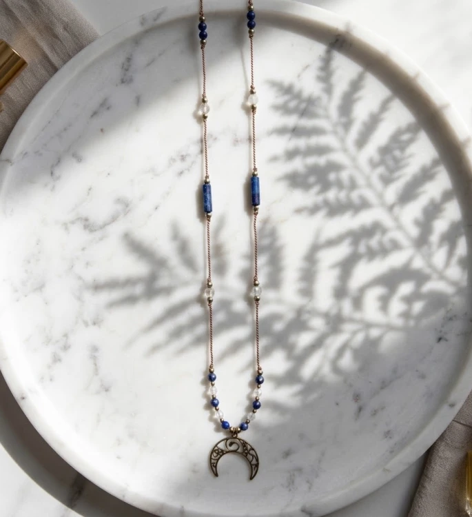 Naszyjnik lunula z kamieni naturalnych, lapis lazuli i labradoryt na sznurku, słowiańska biżuteria