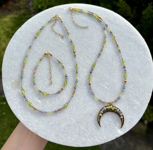 Komplet z tanzanitem, oliwinem, słowiańska, biżuteria handmade z kamieni naturalnych