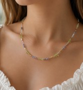 Naszyjnik z tanzanitem, oliwinem, w kolorze złotym lunula słowiańska, biżuteria handmade z kamieni naturalnych