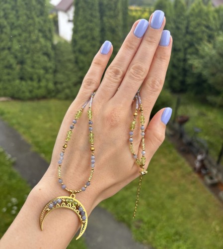 Naszyjnik z tanzanitem, oliwinem, w kolorze złotym lunula słowiańska, biżuteria handmade z kamieni naturalnych