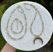 Komplet z tanzanitem, oliwinem, złota lunula słowiańska, biżuteria handmade z kamieni naturalnych