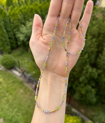 Komplet z tanzanitem, oliwinem, złota lunula słowiańska, biżuteria handmade z kamieni naturalnych